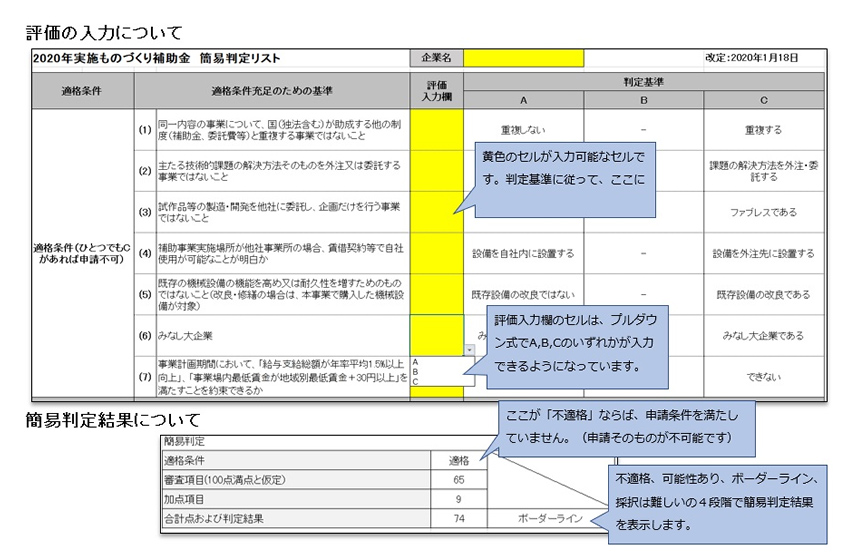 ものづくり補助金簡易判定リスト